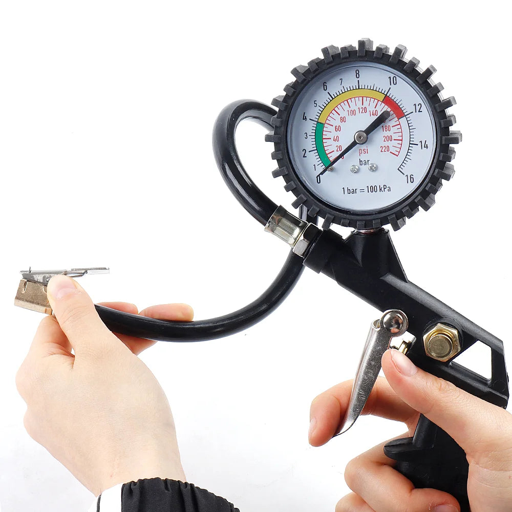 Tire Pressure Gun 0-16Bar/0-220PSI Pressure Gauge, Tire Pressure Measuring Tool, Inflatable/Deflated, Inflation Pump Accessories