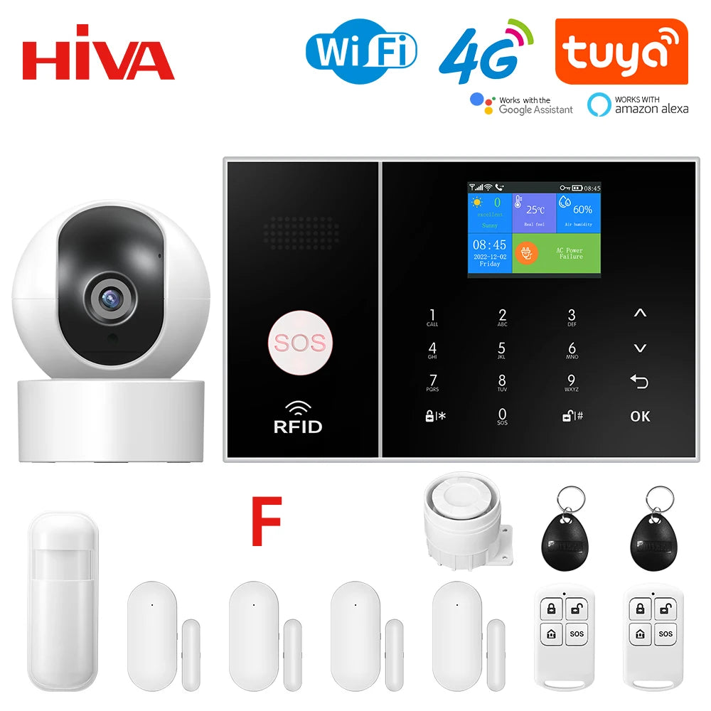 HIVA 4G Security Alarm System For Home WiFi Tuya Smart Life App Control Burglar Alarm Kit Work With Alexa With Pir Door Sensor