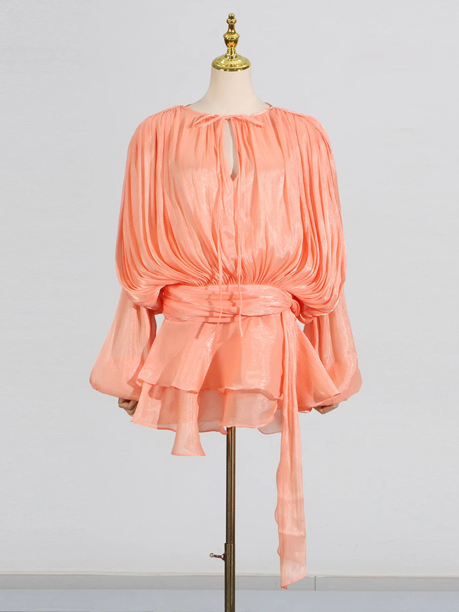 GALCAUR Solid Loose Splicd Lace Up Dresses For Women V Neck Long Sleeves Patchwork Ruffles Tunic Dreses Female Fashio New