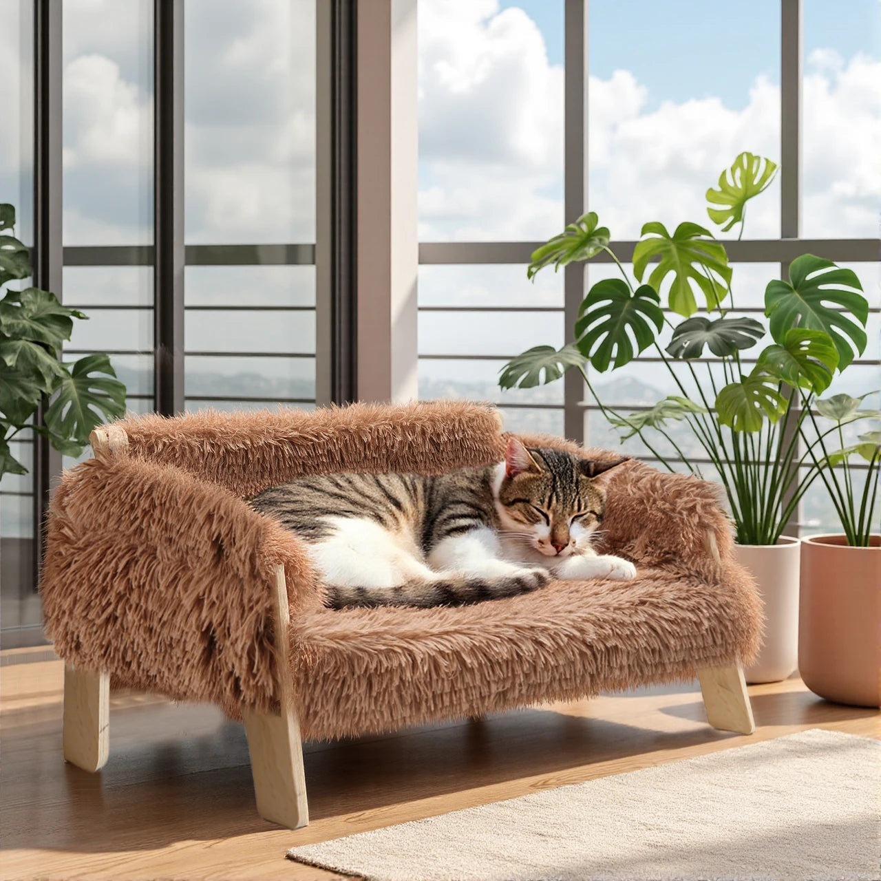 Large Raised Plush Cat Sofa Bed with Wooden Legs
