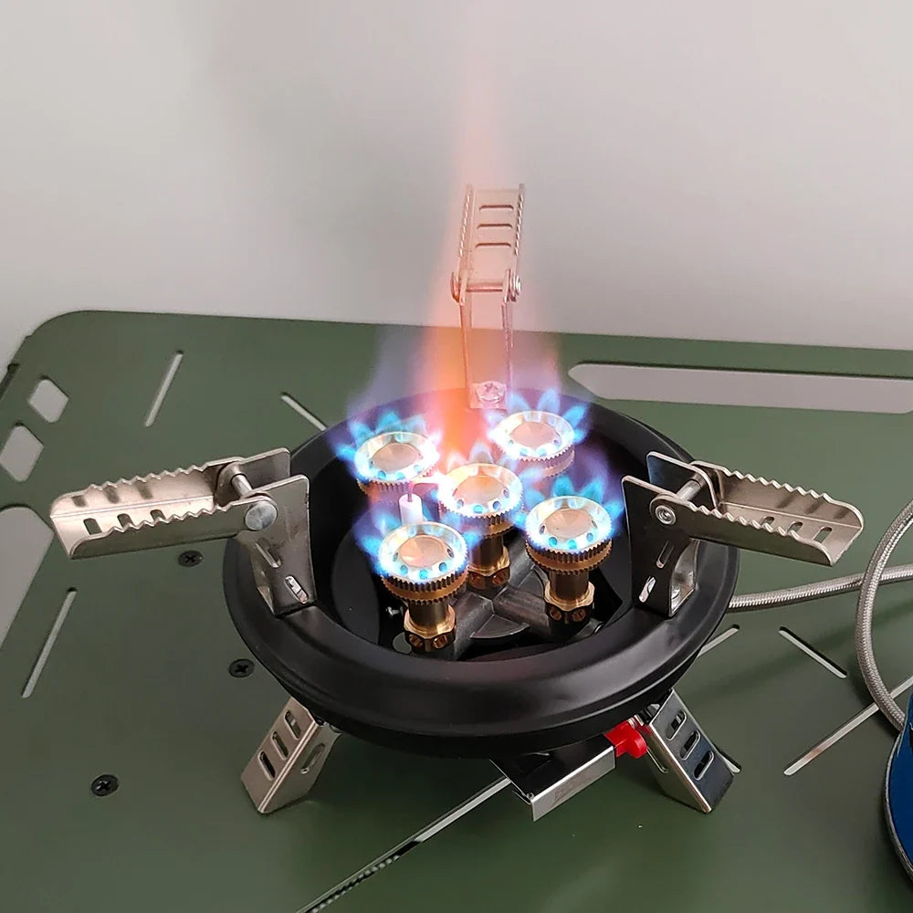 Five-Head Folding Camping Gas Stove with Piezo Ignition & Hose