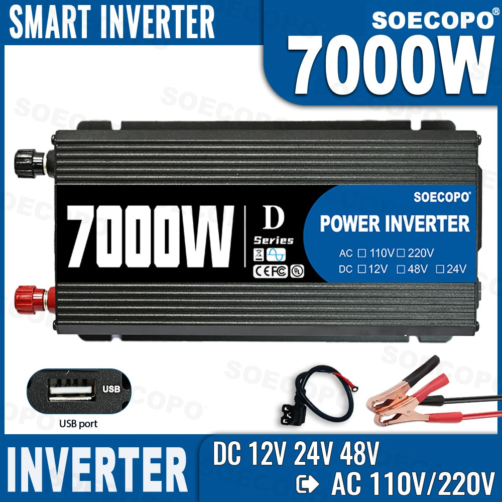 Convertisseur chargeur intelligent 7000W onduleur DC 12V/24V/48V vers AC 110V/220V avec port USB et certification CE/FC