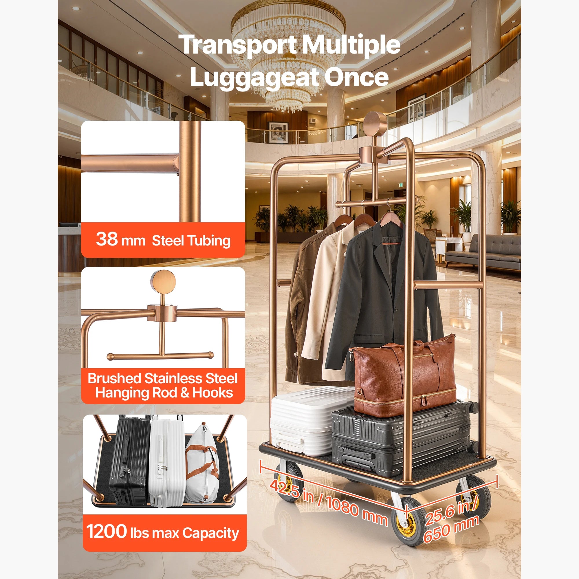 SucceBuy 1200 lbs Hotel Luggage Bellman Cart with 8in Wheels Solid Commercial Luggage Carrier Rolling Trolley for Hotels Resorts