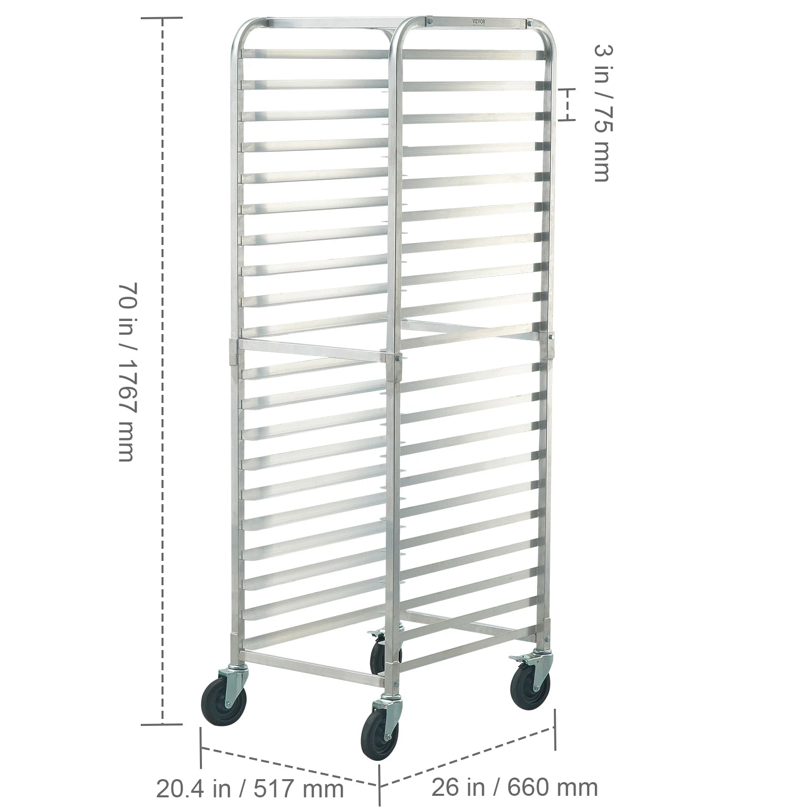 20-Tier Commercial Bun Pan Rack with Wheels Aluminum Bakery Trolley