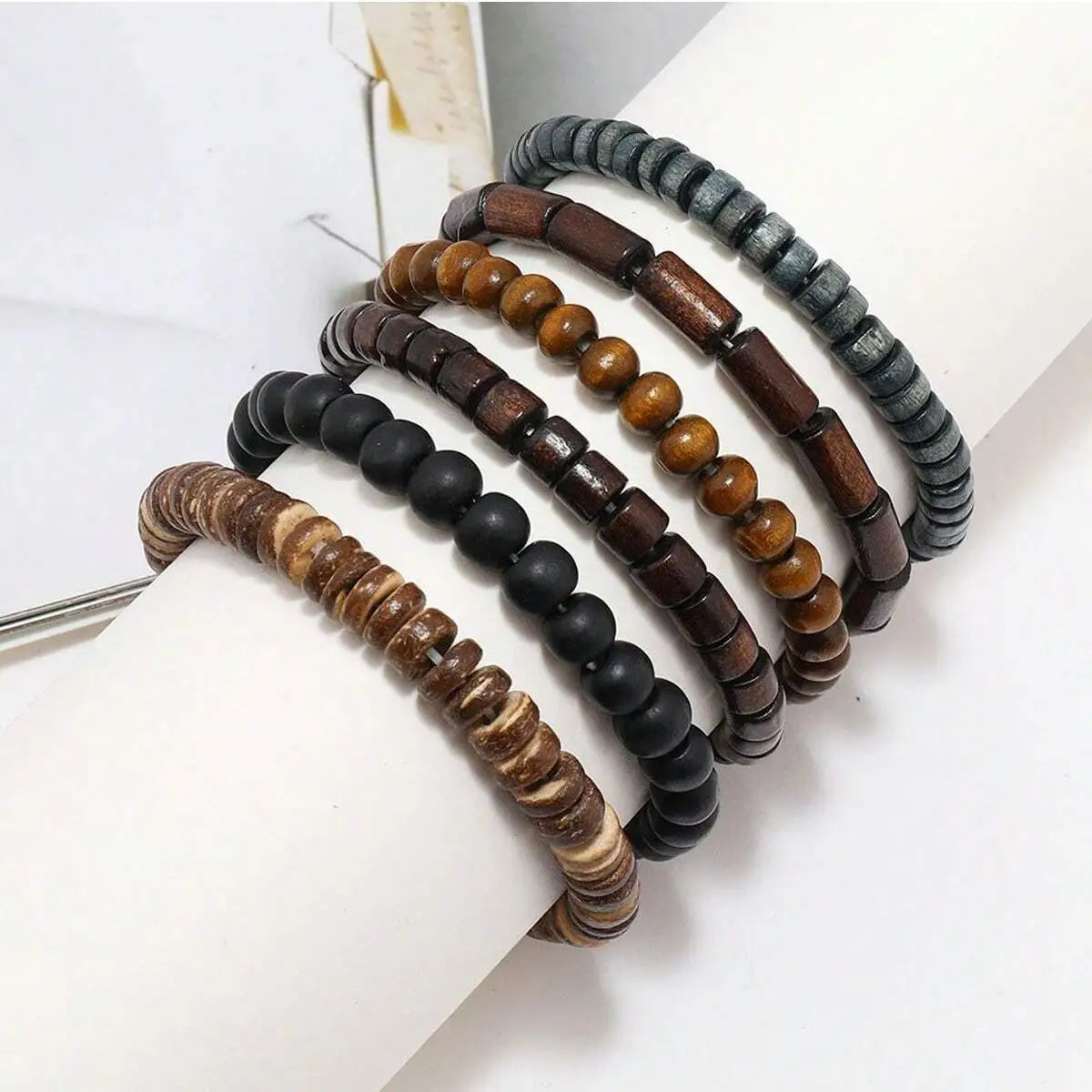 6PCS Wodeen Braided Wrap Leather Bracelet for Men Vintage Life Wood Beads Fashion Male Armband