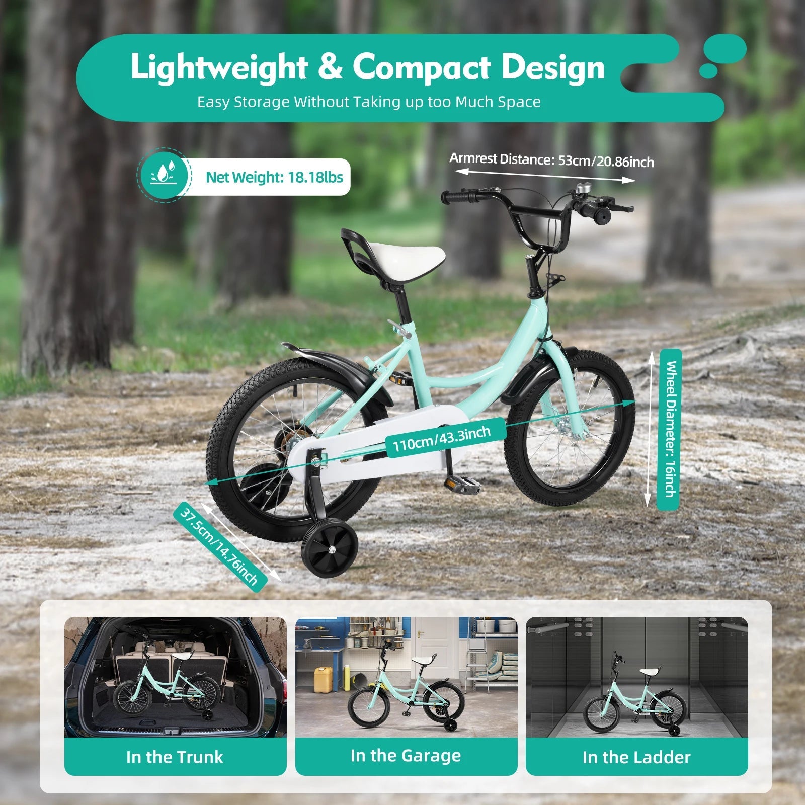 16 Inch Kids Bike Adjustable Height Dual Brakes Children's Bicycle Load 50kg w/ Training Wheels for Ages 5-8 (Pink/Green/Yellow)