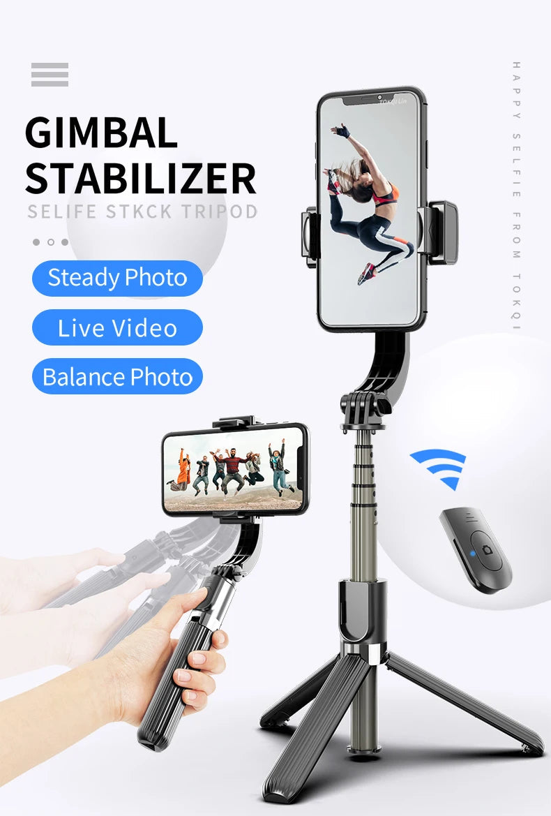 Handheld Gimbal Stabilizer for Smartphone 1-Axis with Selfie Stick Tripod Stand Wireless Bluetooth Remote for iPhone Android