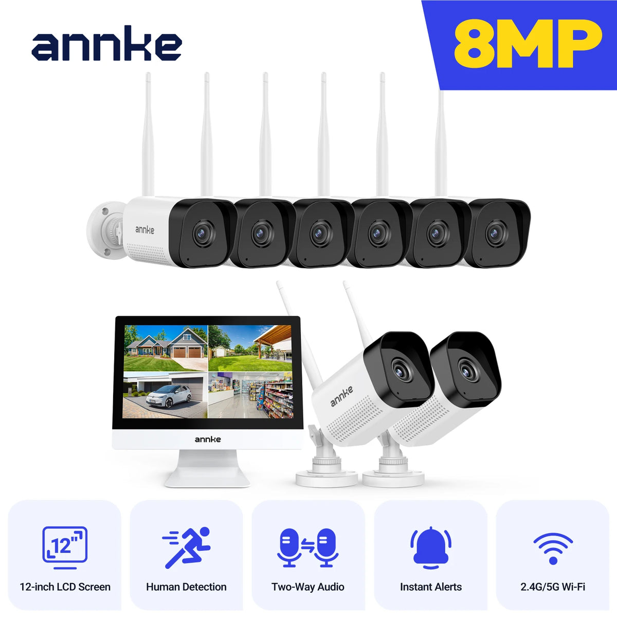 8MP WiFi Security Camera System with 12 Inch LCD