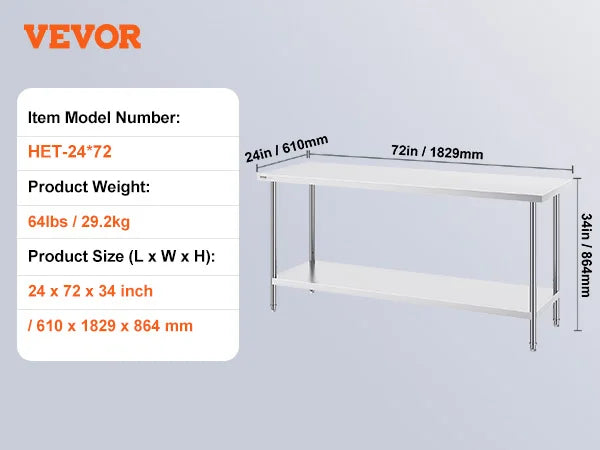Stainless Steel Prep Table with Adjustable Shelf for Kitchen Use