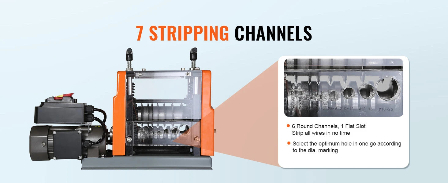 SucceBuy 60W 1.5-25mm Electric Wire Stripping Machine Visible Stripping Depth 6 Round+1 Flat Channels for Scrap Copper Recycling