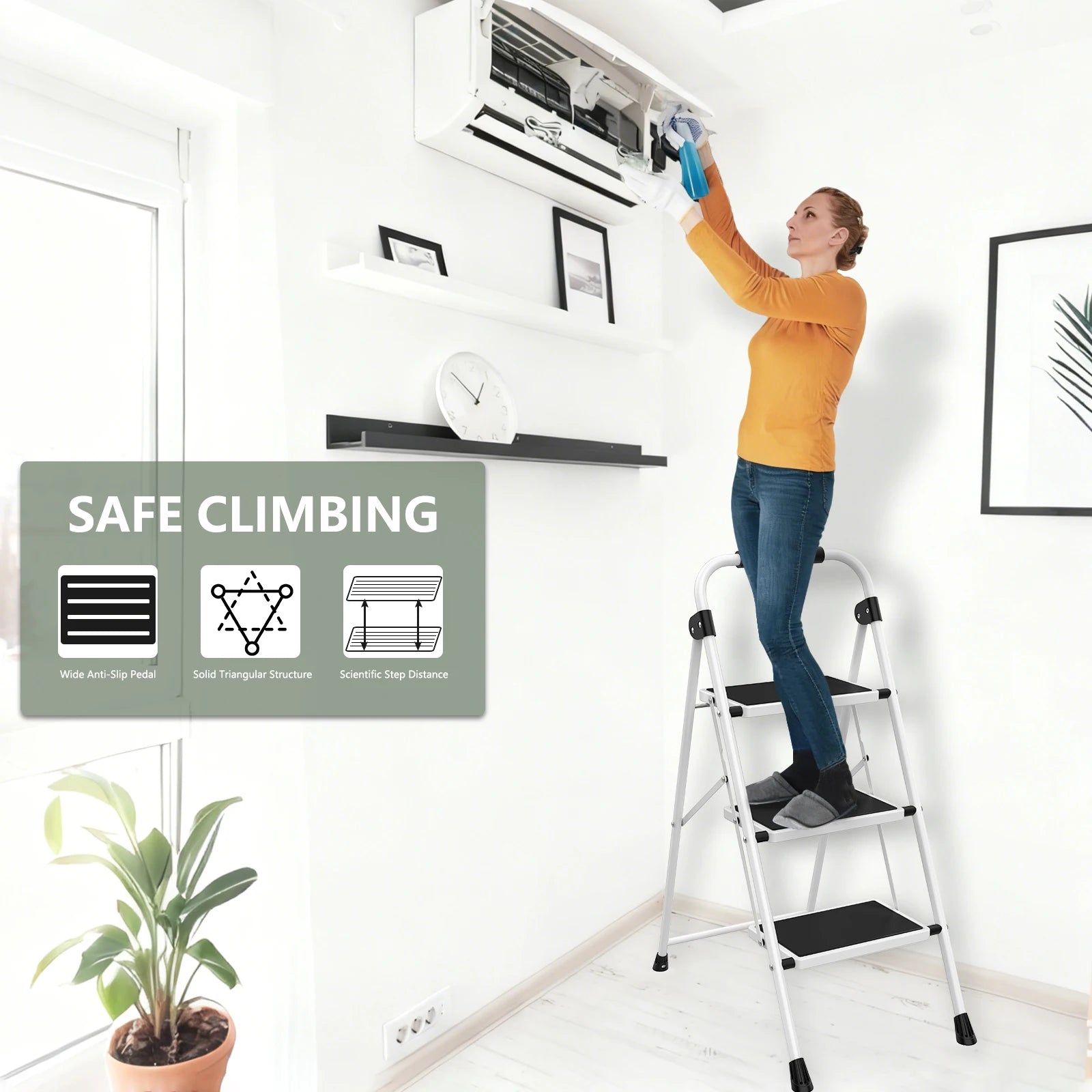 3 Step Folding Ladder with Anti-Slip Pedals 330lb Capacity Steel