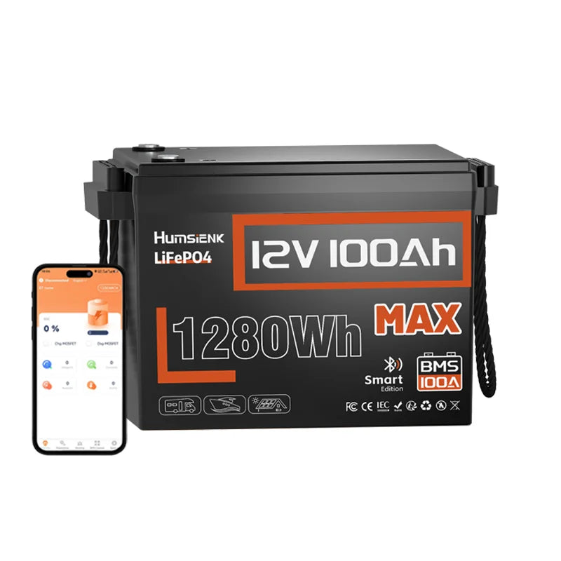 12V 100Ah LiFePO4-batteri 1280Wh med Bluetooth og 100A BMS