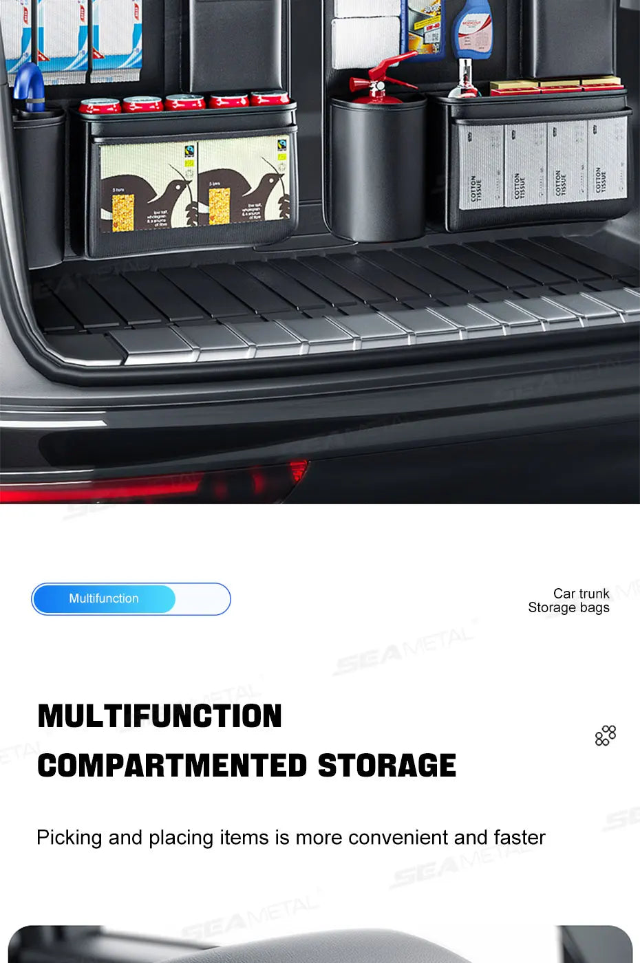 SEAMETAL SUV/MPV Trunk Storage Bag Wear-Resistant PU Leather Car Organizer Hook-and-Loop Fastener Auto Seat Back Storage Pouch