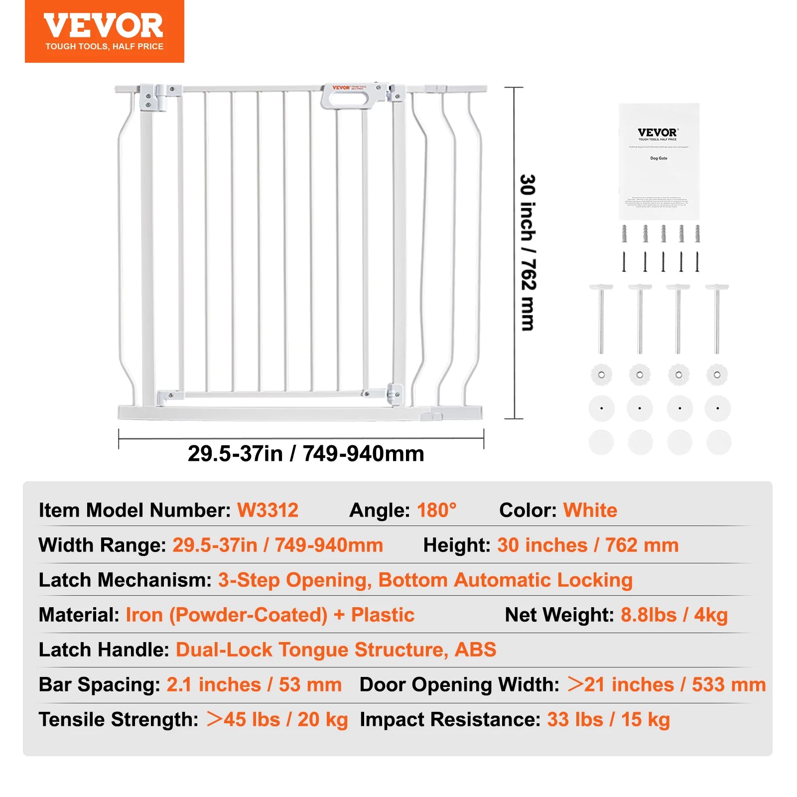 Adjustable Baby Gate with Auto-Close Door for Stairs and Doorways