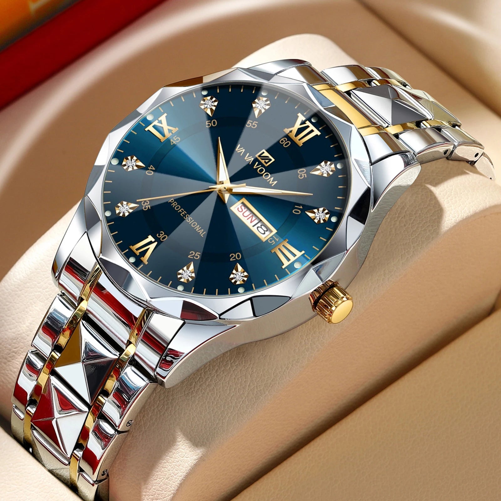 2024 New Men's Watch Fashion Rivet Stainless Steel Strap Luxury Water Diamond Diamond Luminous Blue Gold Dial Business Men Watch