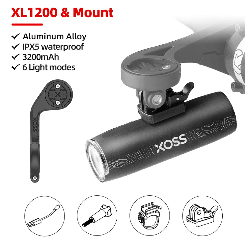 XOSS XL1200 Headlight 200-1200 Lm Bike Light Waterproof Rechargeable Front Lamp Bicycle Light Aluminum Ultralight Flashlight
