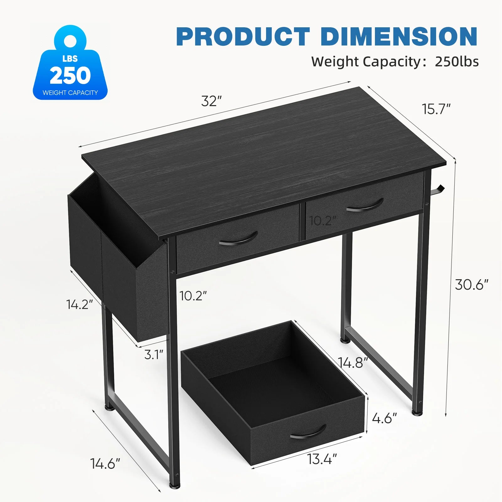 32 Inch Modern Office Desk with Drawers and Side Storage Bag