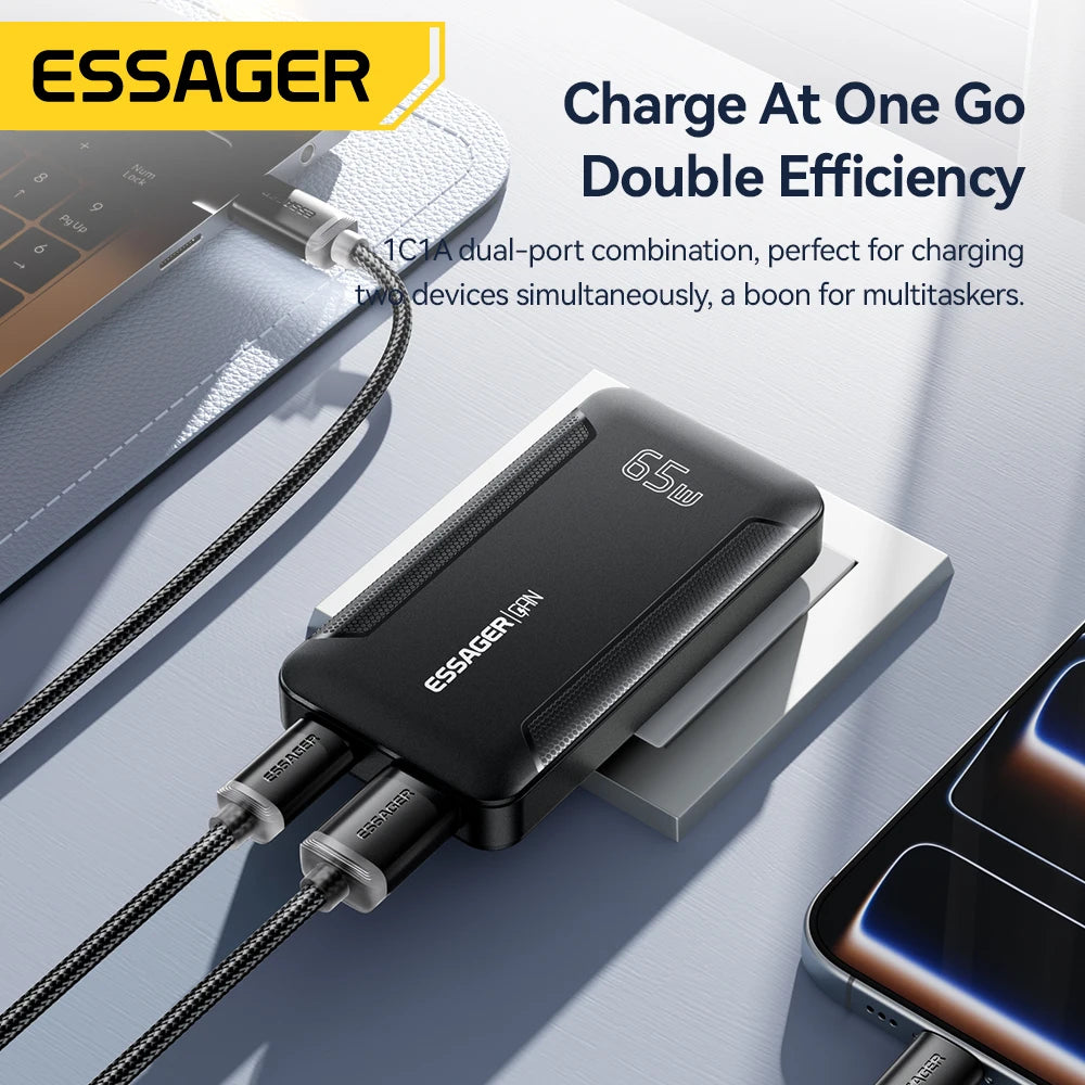 Essager Ultra Thin 65W GaN pro Travel Charger Quick Charge 4.0 PD3.0 Portable Type-C for iPhone 17 16 15Samsung MacBook Laptop
