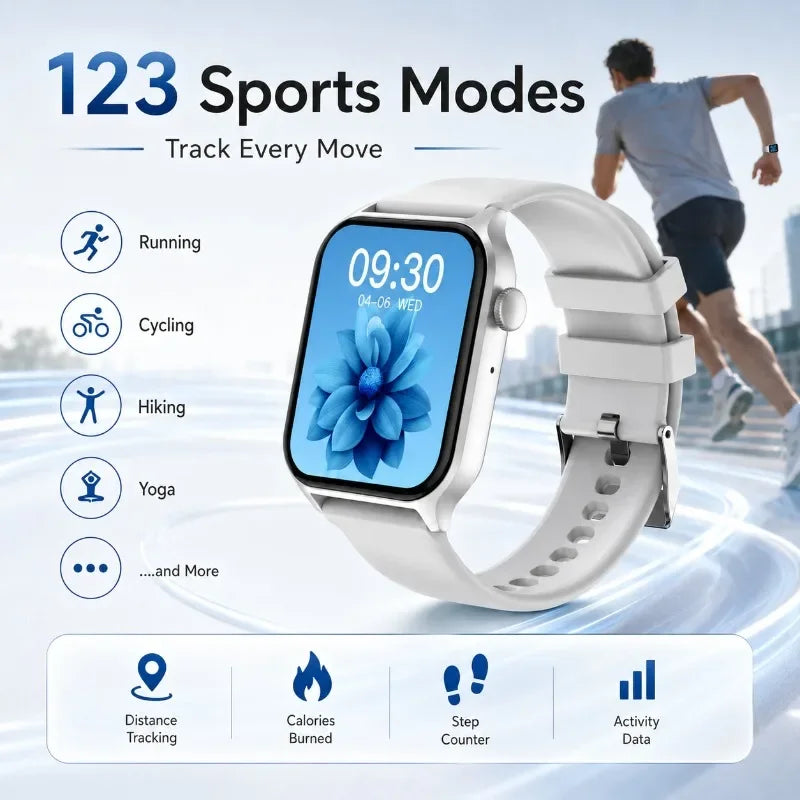 For Android IOS Users WETECH WX16 Smart Watch Bluetooth Call Internal Mic Touch Screen 123 Sport Modes Heart Sleep Stress Tracking Fitness Wristwatch 7-Day Battery White Black Two Colors Available