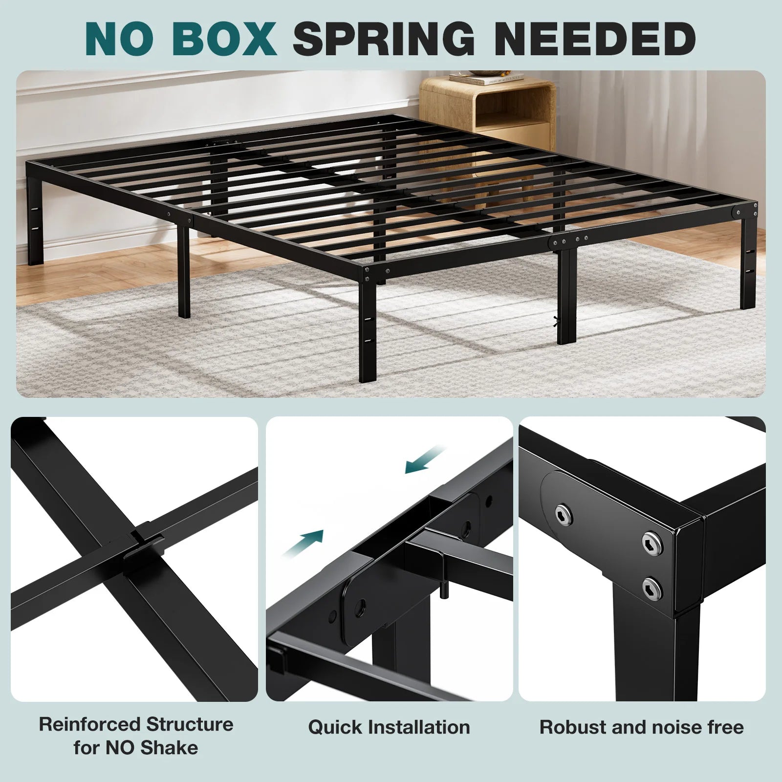 Metal Platform Bed Frame with Steel Slats and 14" Underbed Clearance