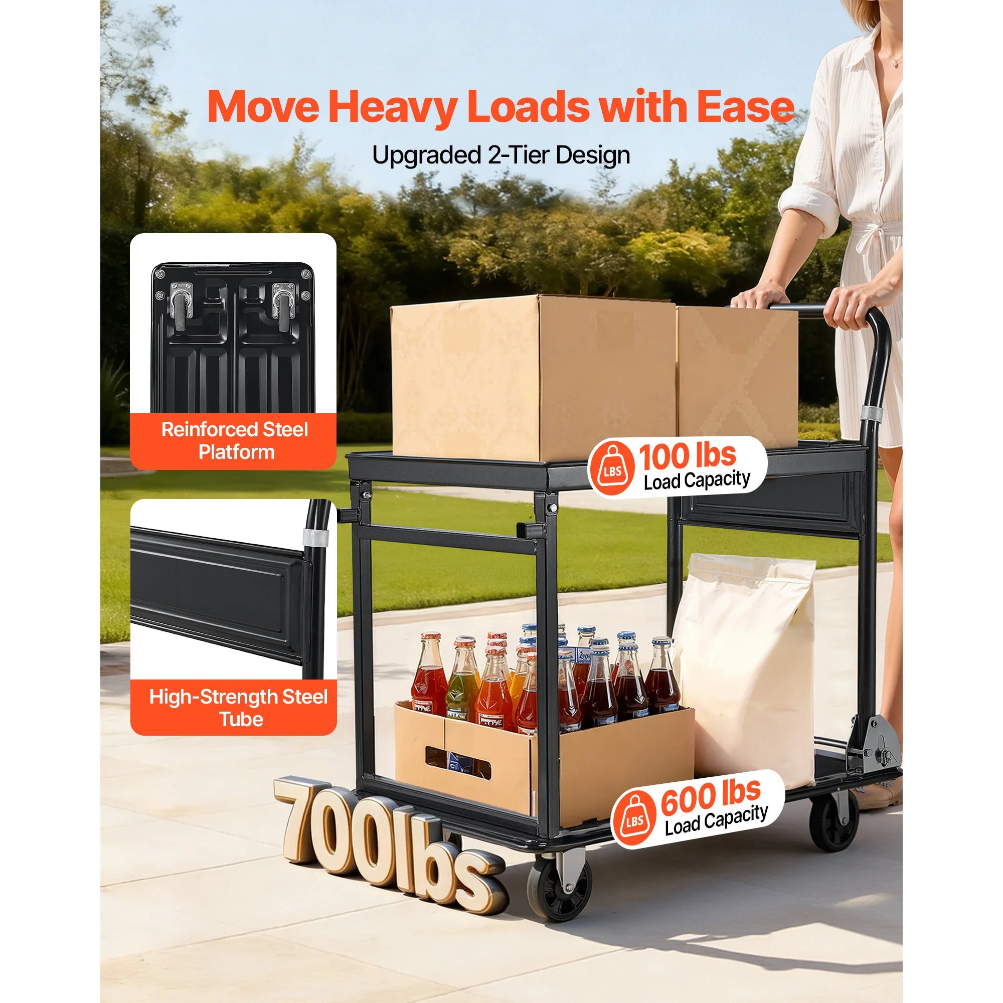 SucceBuy 700 lbs 2 Tier Foldable Heavy Push Cart Dolly Platform Hand Truck with Wheels Moving Flatbed Cart for Warehouse Garage