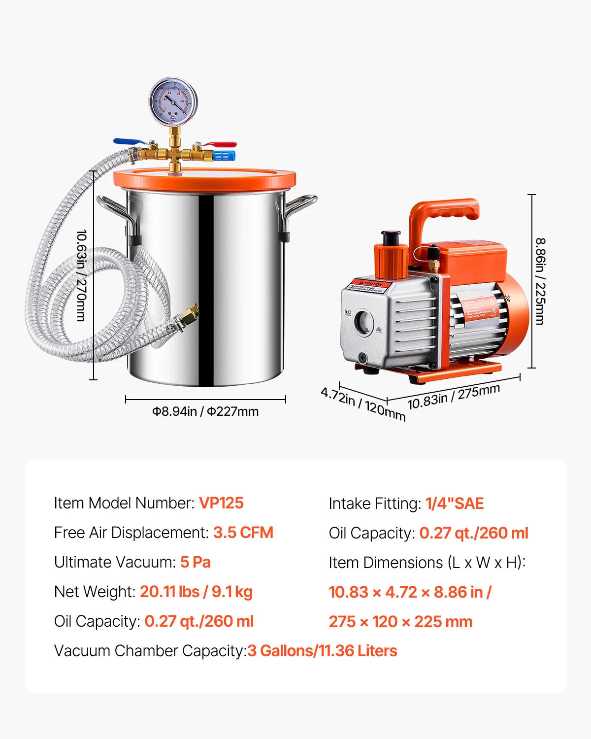 3,5 CFM vacuümkamerpompkit voor harsontgassing (1,5–5 gallon)