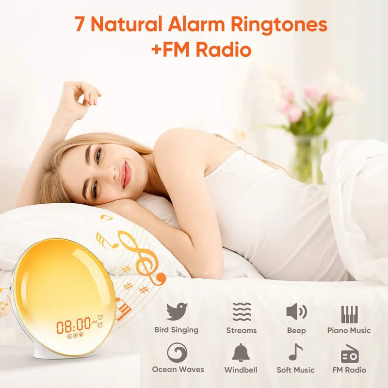 Sunrise Sunset Simulation Awakening Alarm Clock with Colorful Atmosphere Light and FM Radio Function.Relaxed Natural Sound Tunes