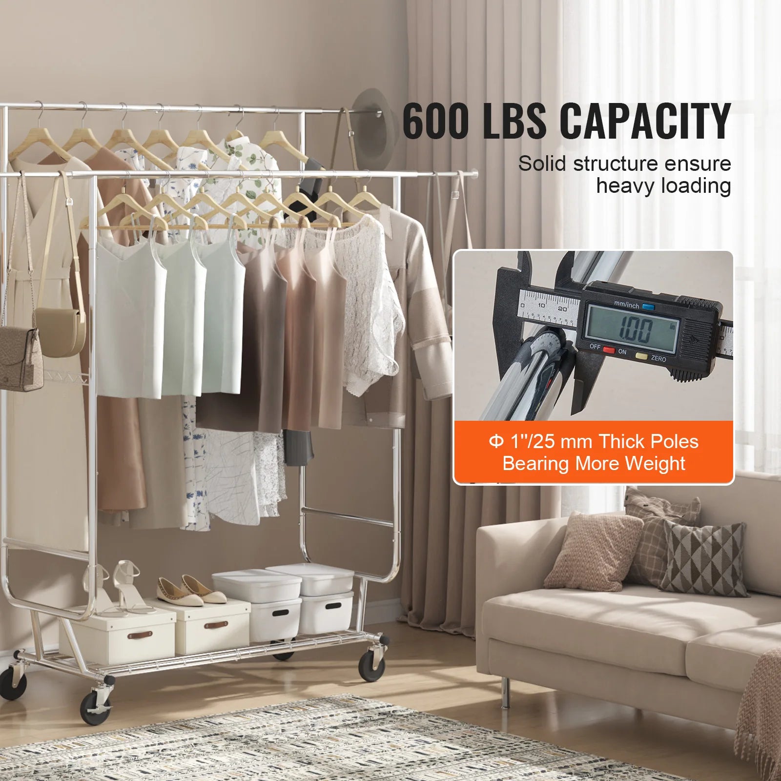 Adjustable Heavy Duty Garment Rack with Wheels & Storage Shelf