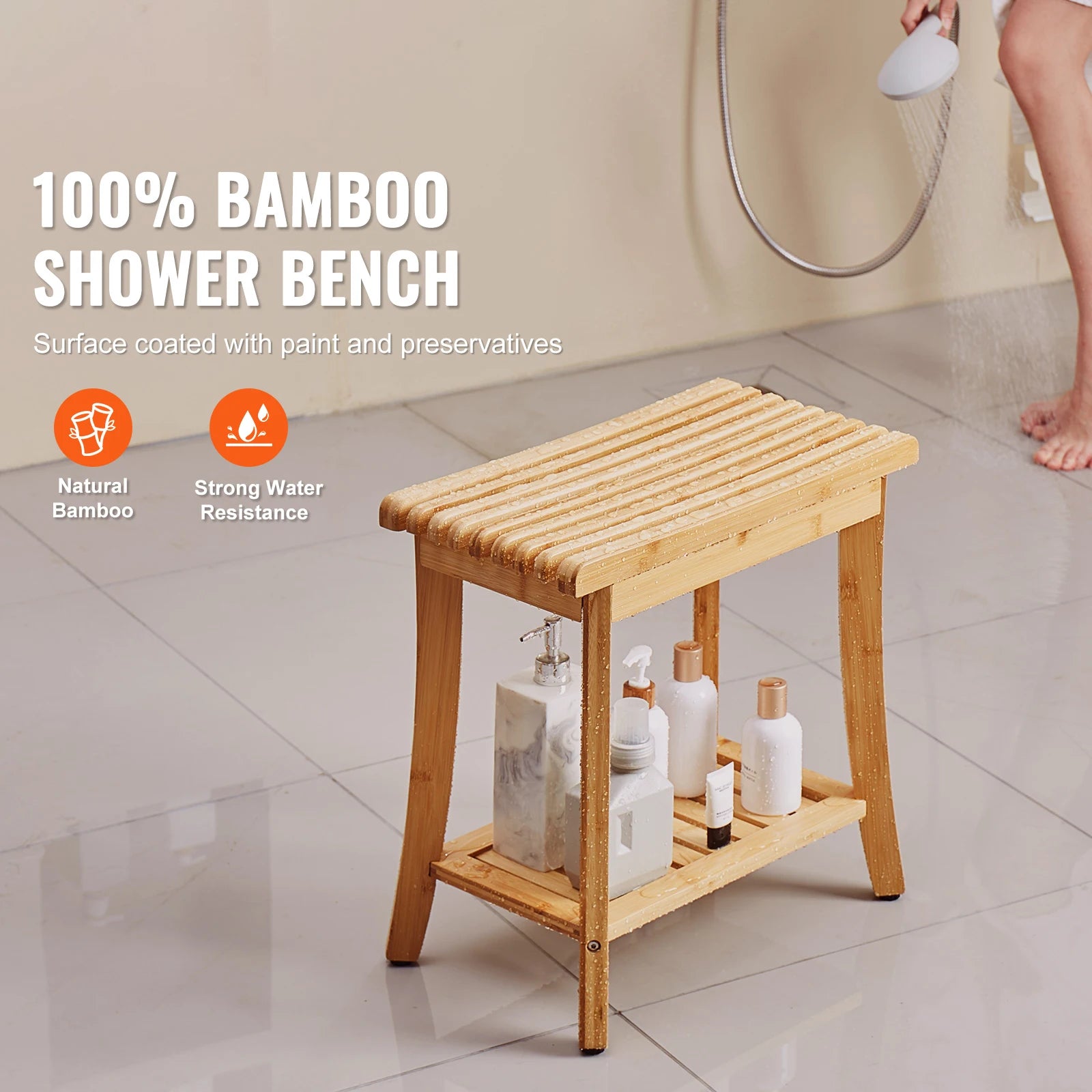 Bamboo Shower Bench with Storage Shelf 330lb Capacity Stool