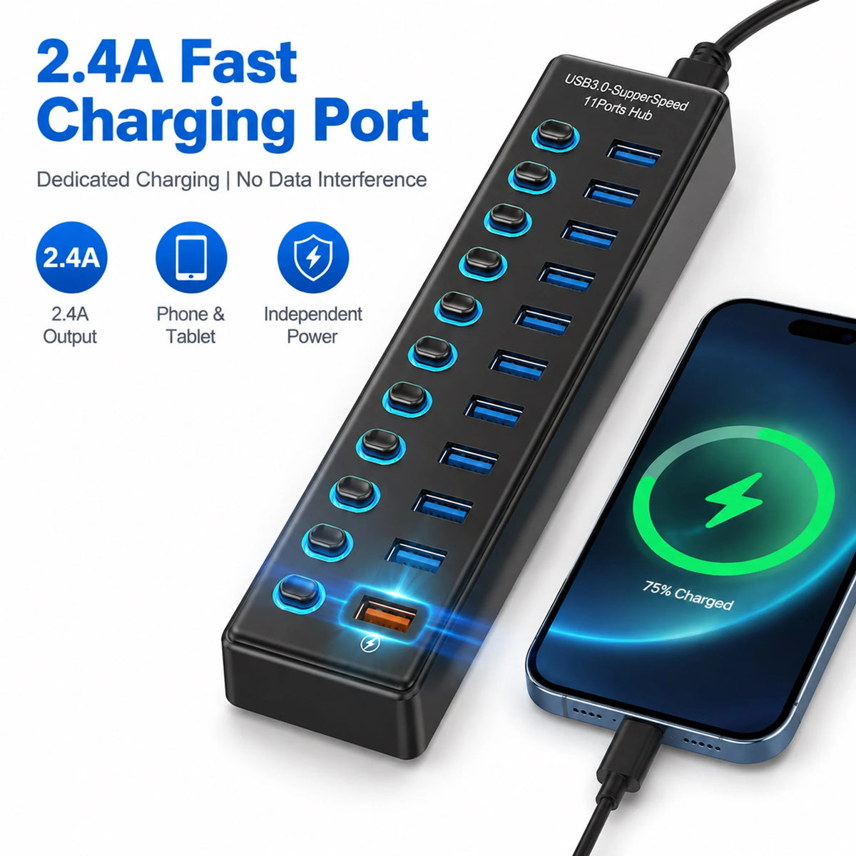 USB Hub with Long-Cable Options - Four to Eleven Ports