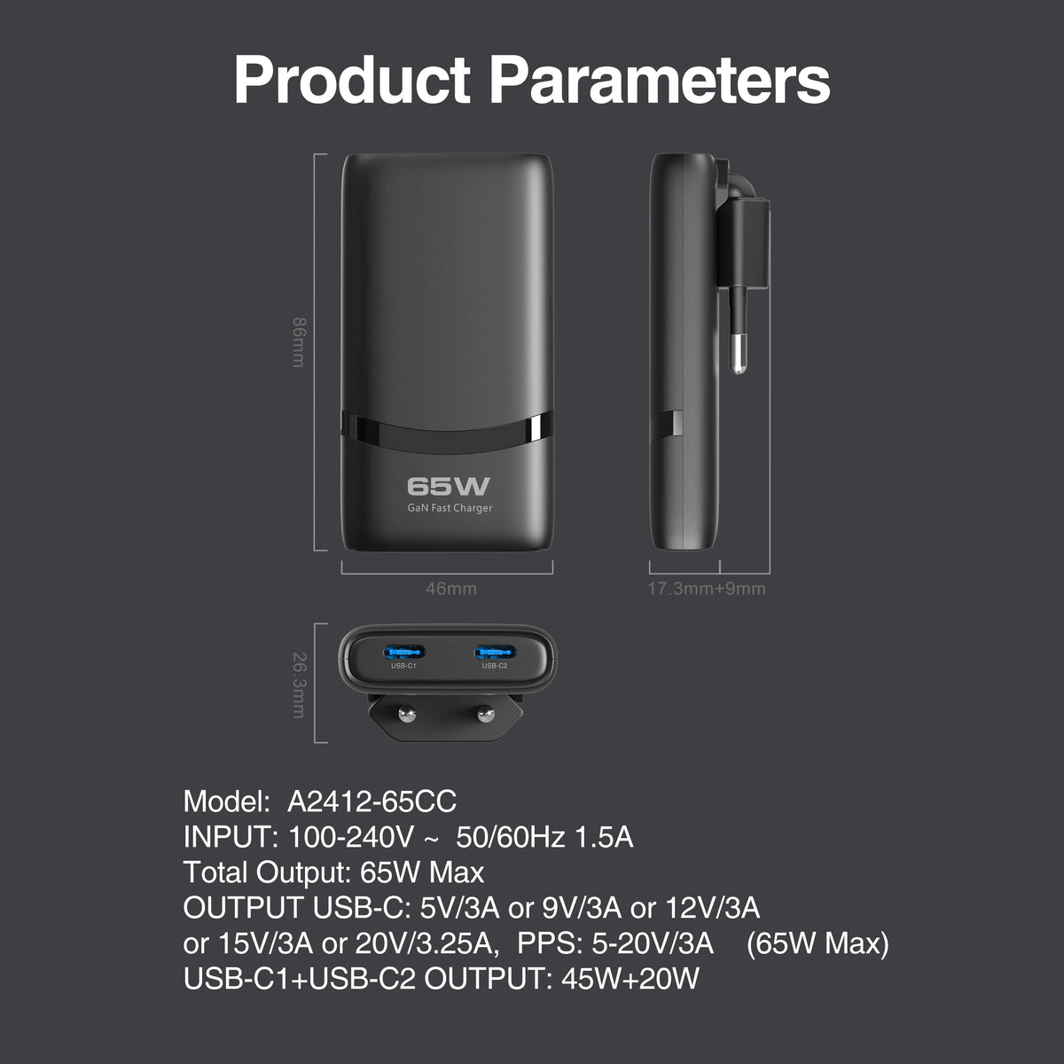 Dvostruki USB-C GaN punjač od 65 W i opcije kabela