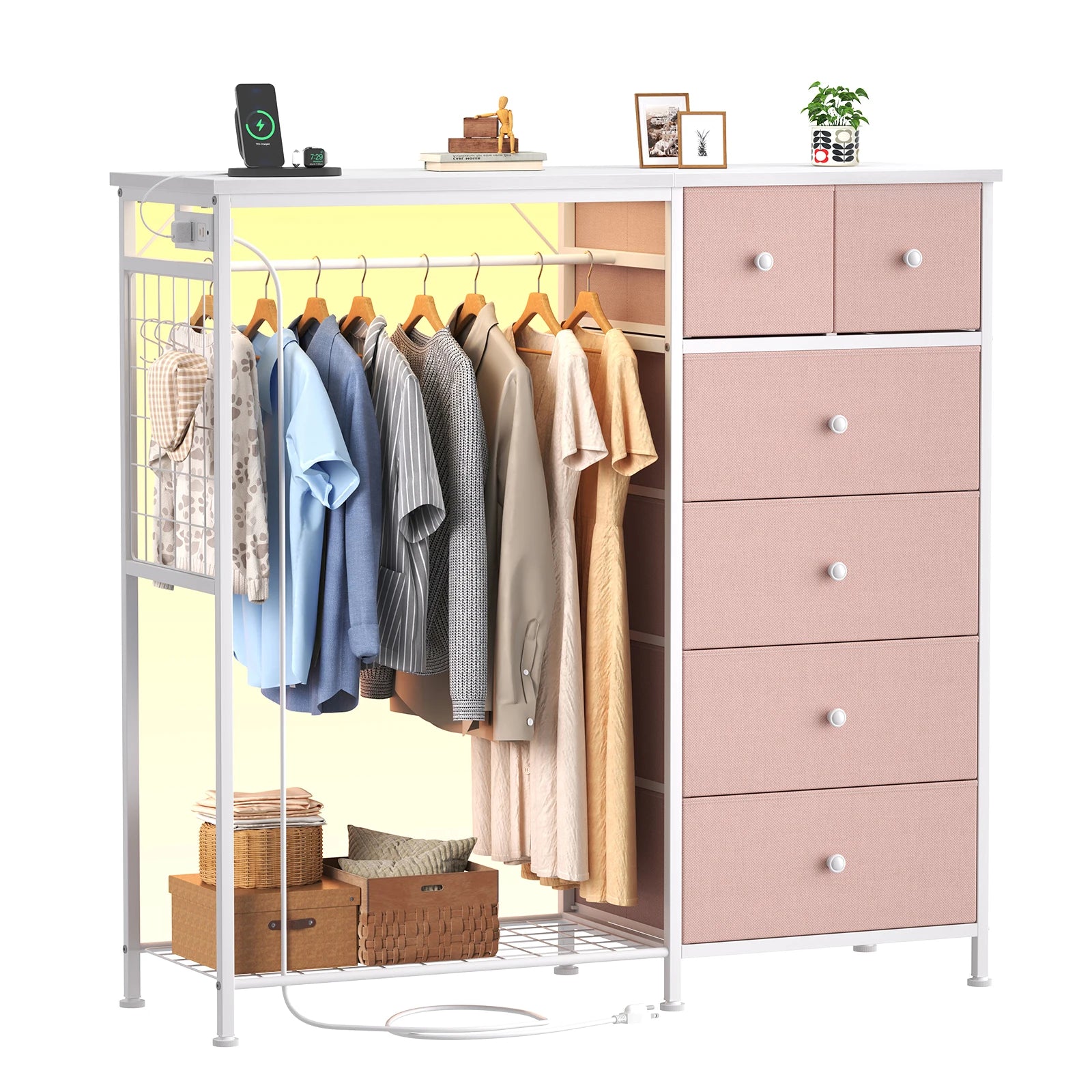 6-Drawer Fabric Dresser with Hanging Rack, LED Lights & Charging Station
