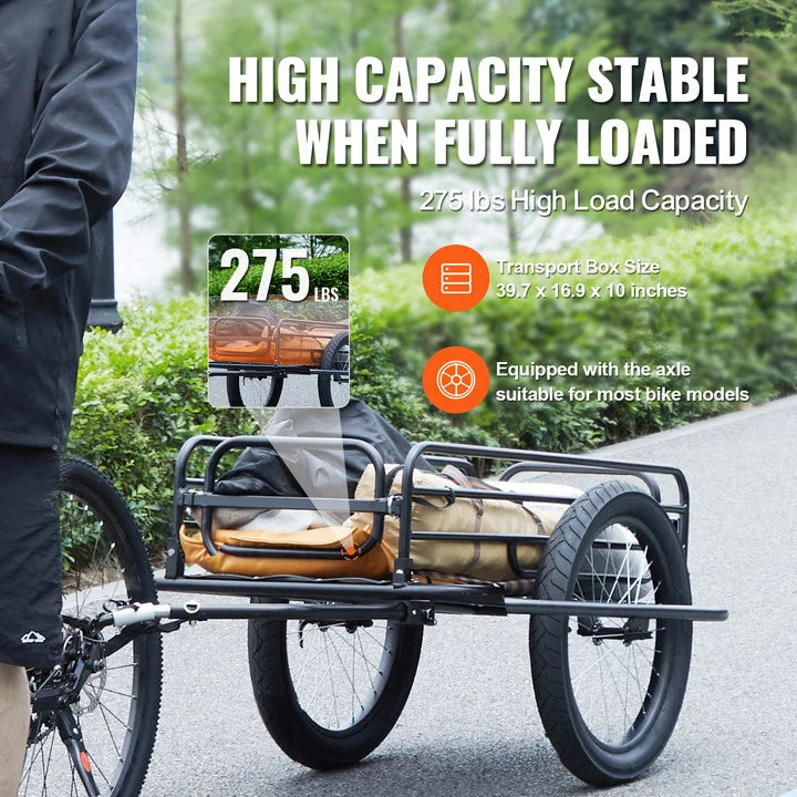 SucceBuy Reboque de Carga para Bicicleta de 275 lbs/125 kg, Bicicleta Carrinho de Mão Foldável Compacto, com Engate Universal, Rodas de 20", Compatível com a Maioria das Bicicletas