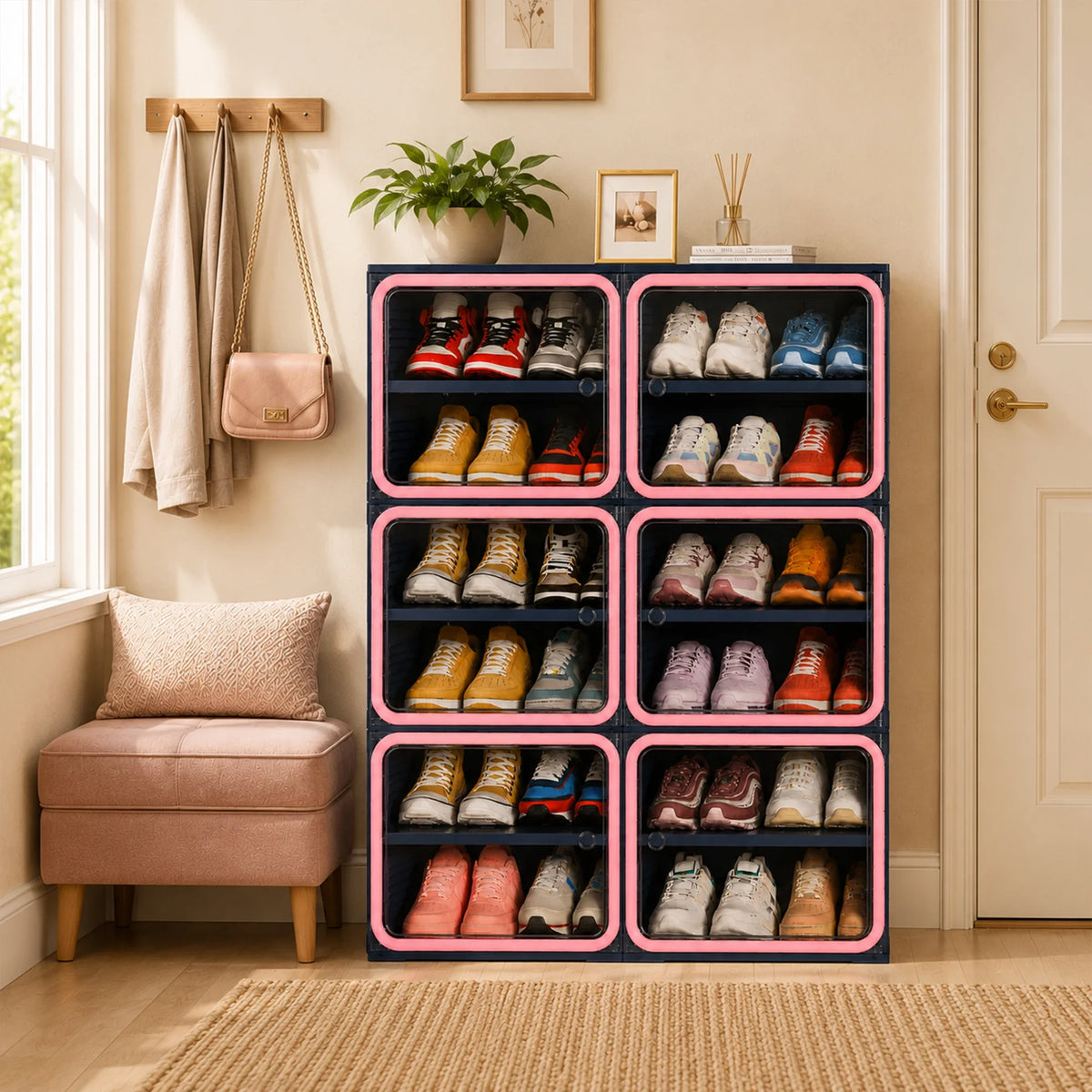 Νarrow Shoe Cabinet Folding Shoe Cabinet With Magnetic Door, Shoe Rack With 6 Doors And 12 Compartments, Shoe Cabinet, For 24 Pairs Of Shoes, 85 X 34 X 108 cm, Plastic Storage Cabinet, For Living Room, Bedroom, Hallway
