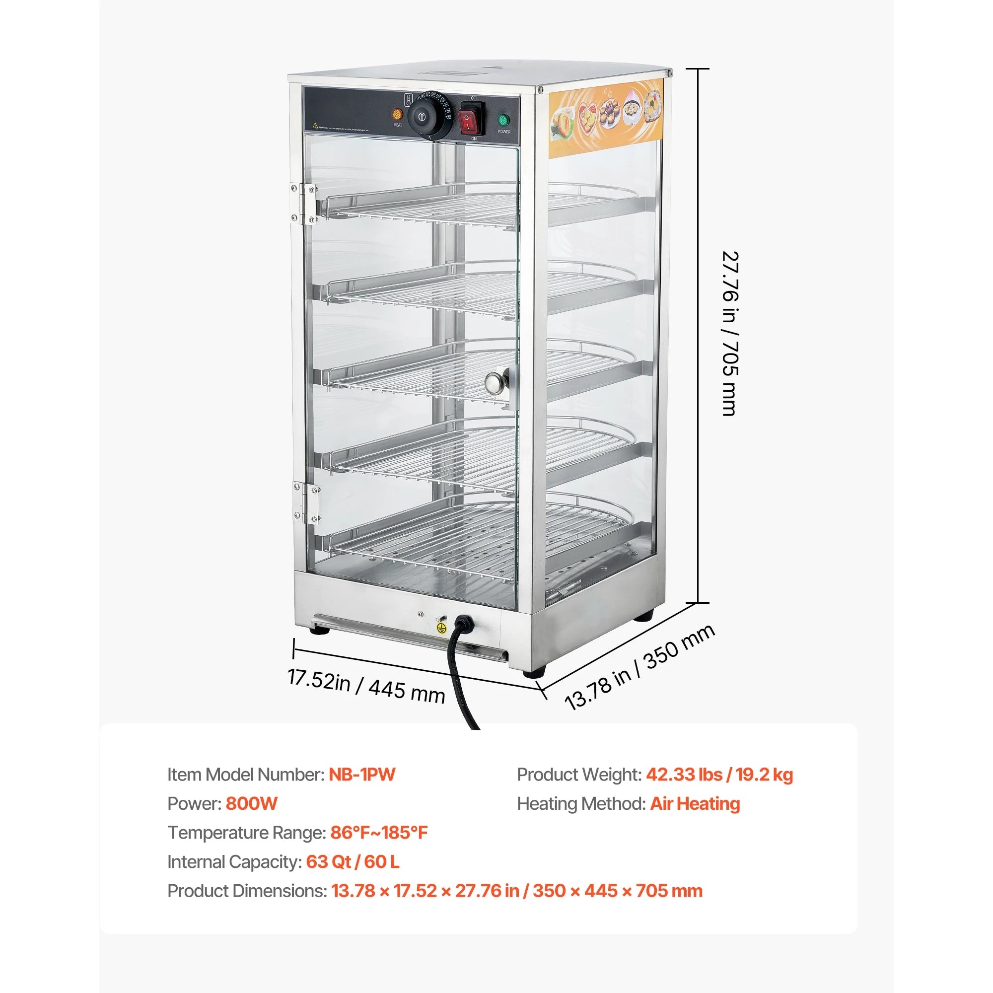 Commercial Food Warmer Display 800W with LED Light and Adjustable Stainless Steel Shelf