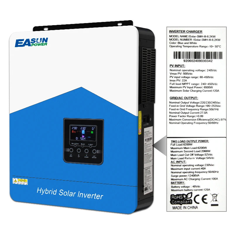 EASUN POWER Hybrid Solar Inverter 6.2KW 4.2KW 3.2KW 2.2KW Pure Sine Wave MPPT 12V 24V 48V 220v Solar Charger Power Home Inversor