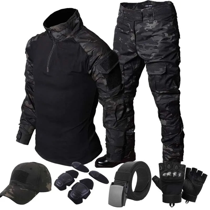 Black Camo Training Sets 1/4 Zipper Combat Tops Tactical Suits Hiking Pants Men Durable Shirts Multiple Pockets Wear-resisting