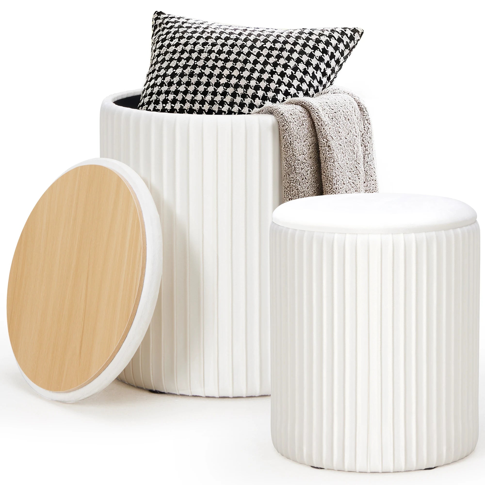 Round Ottoman Storage Set of 2 Nesting Footstools with Lids