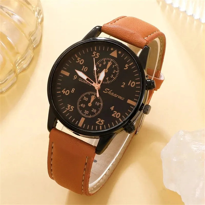 Men Watch Bracelet Set with Brown Leather Strap