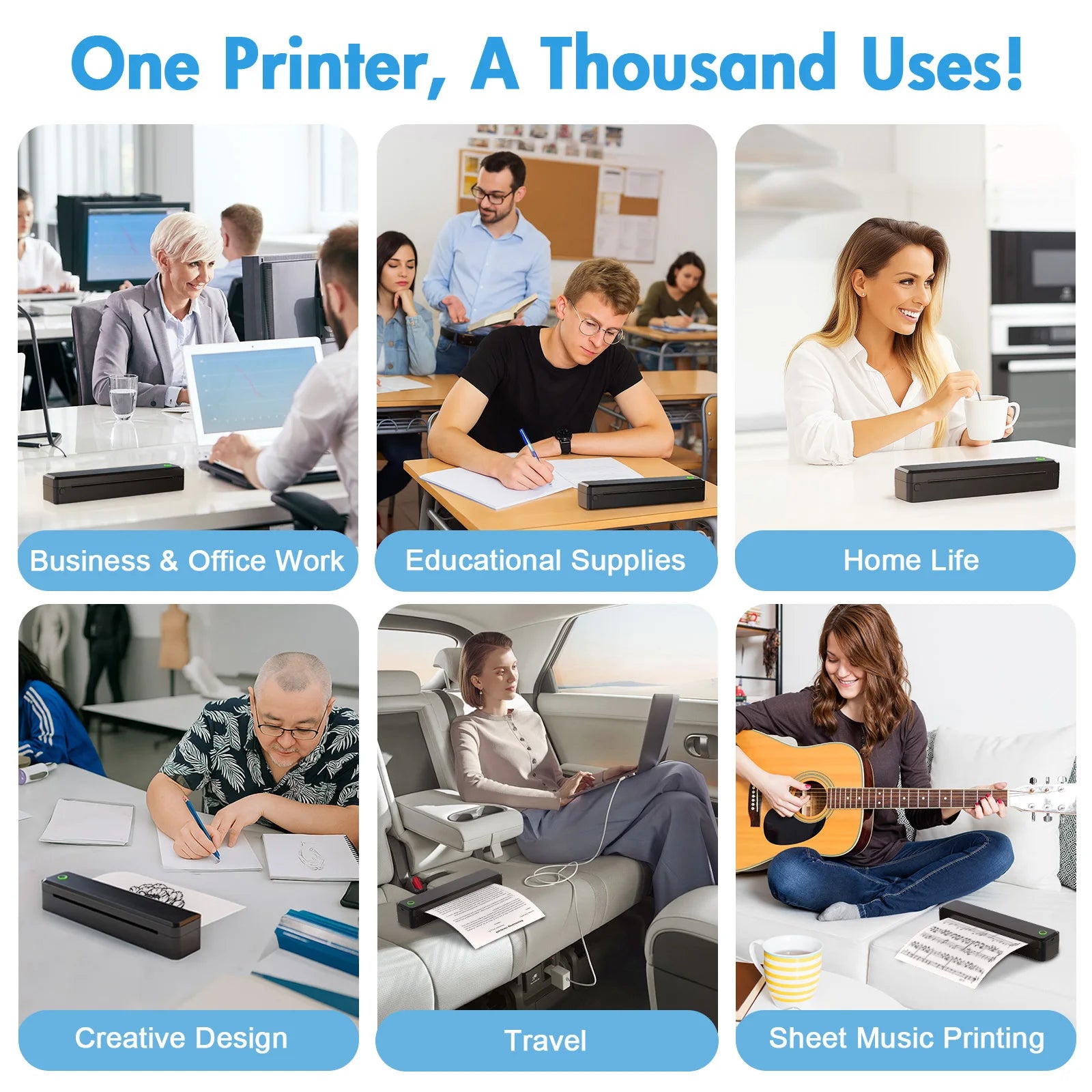Wireless Inkless Thermal A4 Printer for Travel, Office, School