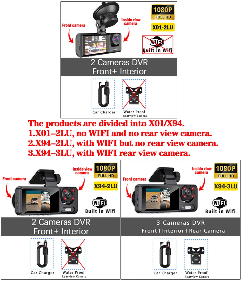 Triple Lens WiFi Dashcam 2/3 Channel Car Camera 1080P HD Video Recorder, Night Vision Car DVR with Wide Angle for Front and Rea