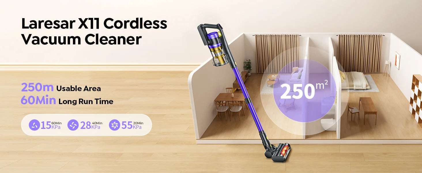 Laresar X11 550W 55000PA Suction Power Cordless Vacuum Cleaner Handheld Smart Home Dust Cup 60 Mins Runtime 3 Pcs Filte Set