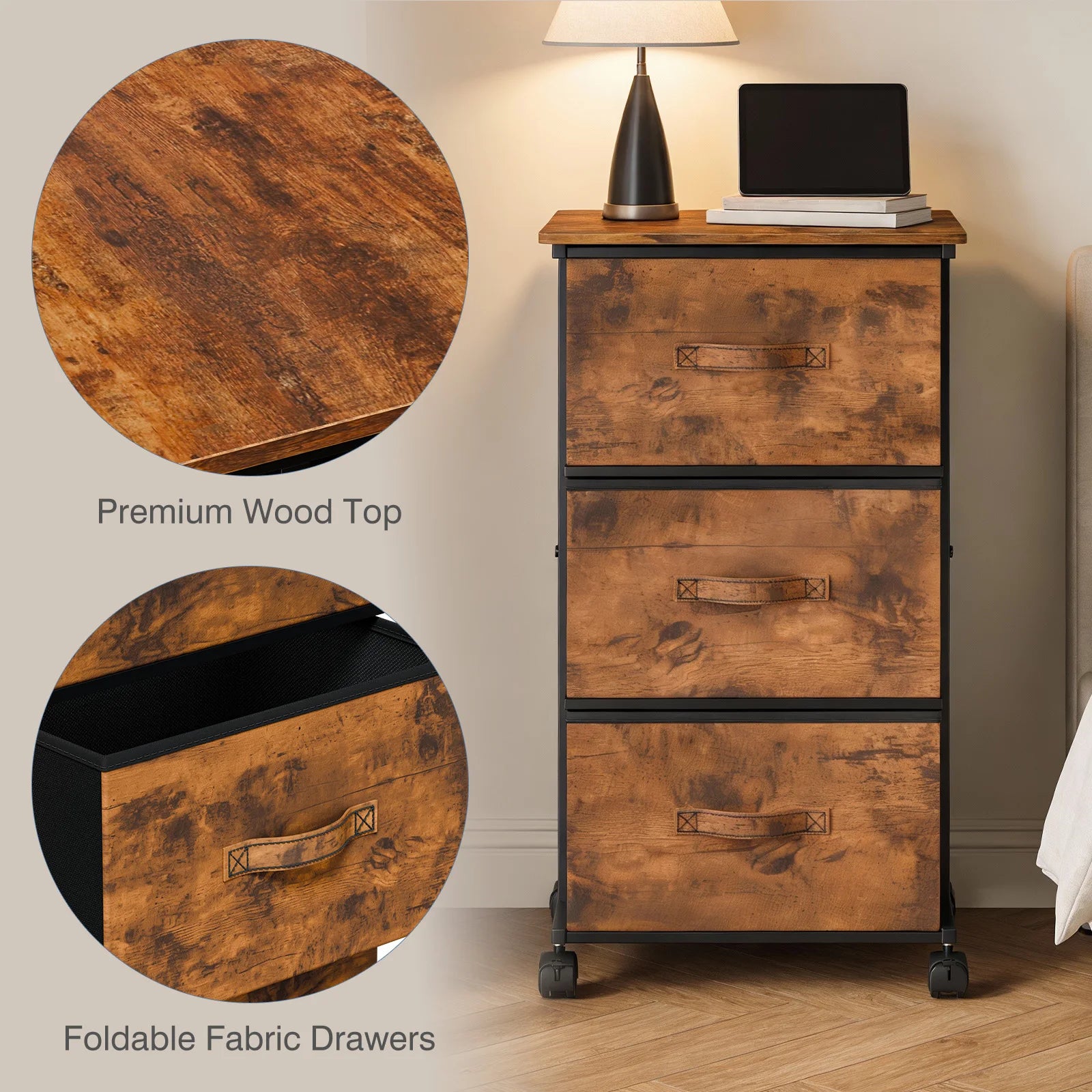 5 Drawer Fabric Storage Cabinet with Wooden Top & Rolling Design