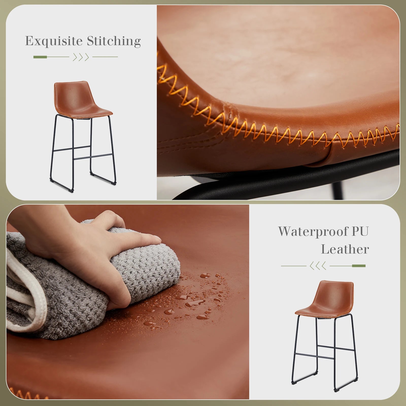 Counter Height Bar Stools Set of 2 Faux Leather with Back