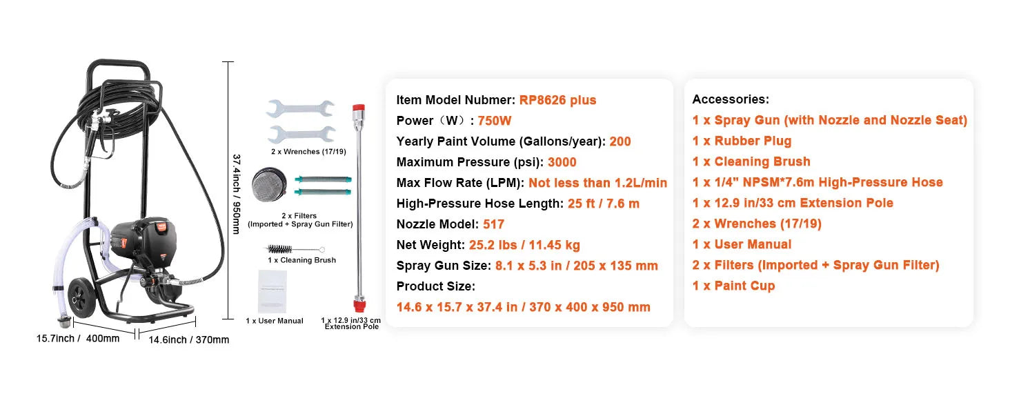 750W/950W Airless Paint Sprayer 3000 PSI High Pressure System