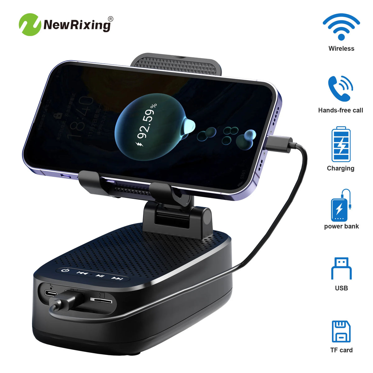 Wireless Phone Holder, Portable Speaker, Speaker Phone Holder, Emergency Power Bank, 1800mAh Battery, USB Charging, Hands-Free