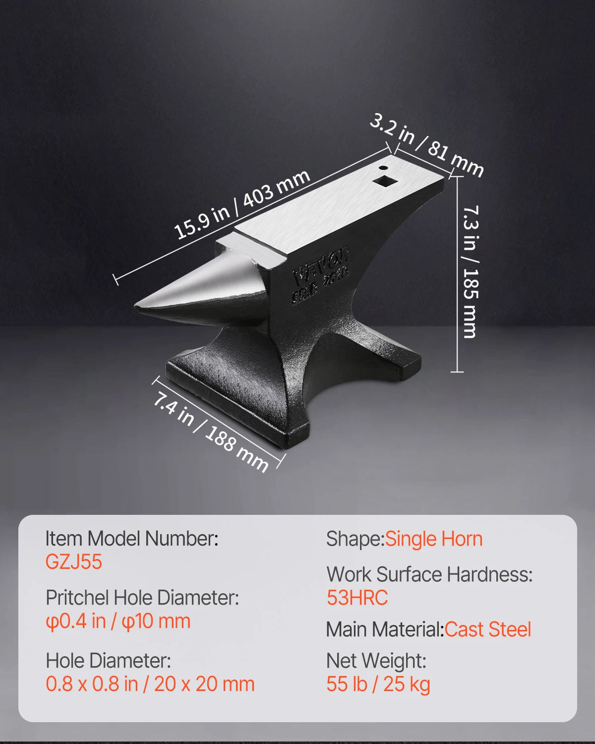Single Horn Cast Steel Anvil for Blacksmithing and Metalwork