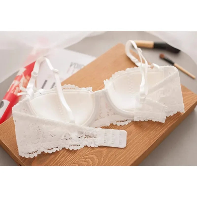 French Girl Lingerie Red Thin Hollowed Half Cup Bra Set Sexy Tushy Xmas Gift Her Desire Temptation Lace Hip Out Holiday Season