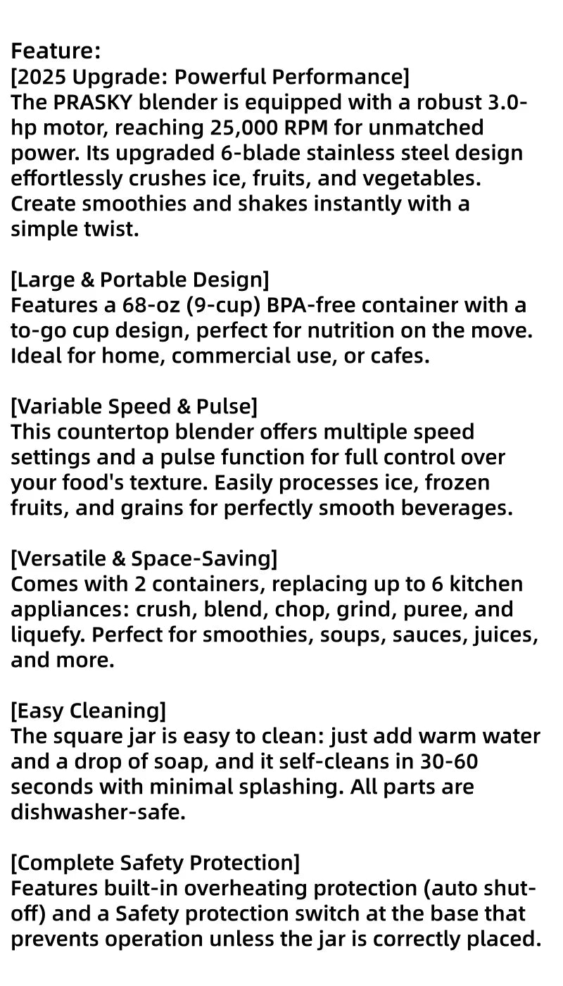 PRASKY 2400W Blender and Grinder Combo 25000RPM Powerful Kitchen 68oz BPA Free 2 Containers Professional Blenders Ice Crushing