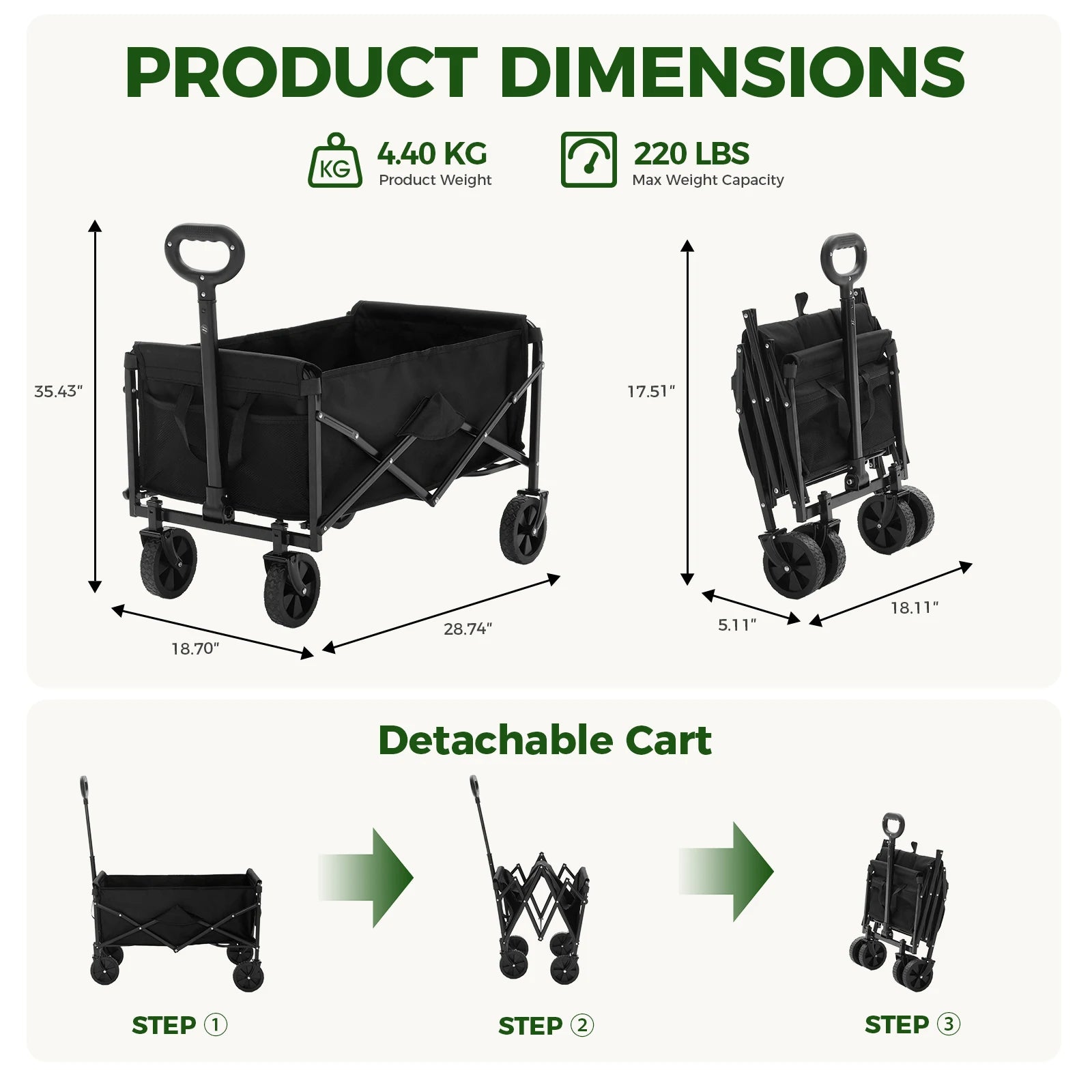 67L Collapsible Wagon Cart with Wheels, 220 lb Heavy Duty Capacity